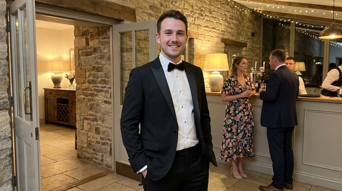 A man in a black tuxedo with a white shirt and black bow tie stands smiling in a stone-walled event venue. Other guests are visible in the background near a bar area.