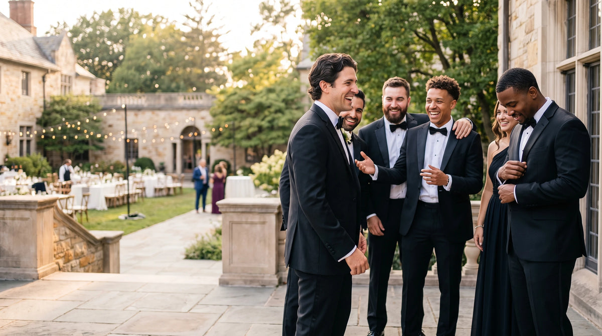 Five men in formal black tuxedos and a black gown stand together on an outdoor stone terrace at a wedding or event, with tables, greenery, and stone buildings in the background.