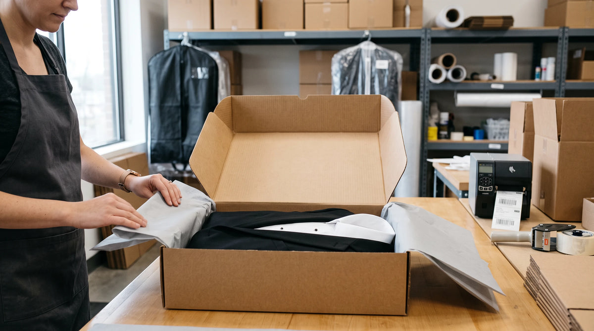 A person in a dark apron packs a black dress shirt into a brown cardboard box on a wooden table, with a workspace and shelving in the background.