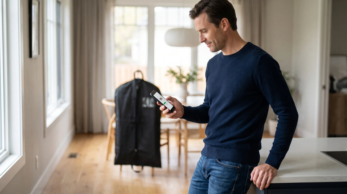 A man in a navy blue sweater and jeans stands in a bright, modern room holding a smartphone next to a black garment bag hanging on a stand.