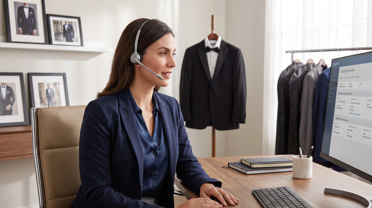 A woman wearing a navy blazer and headset sits at a desk in a modern office, with a tuxedo displayed on a stand and suit jackets hanging in the background.