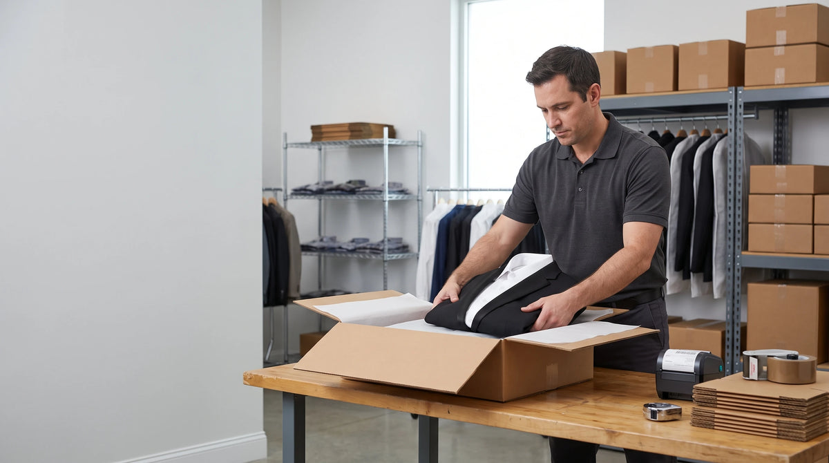 A man in a dark gray polo shirt packs a black and white garment into a cardboard box on a wooden table in a warehouse or closet setting with shelves of boxes and folded clothes.