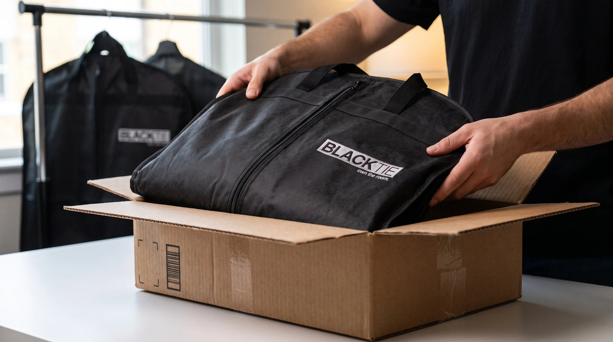 A person is placing a black garment bag with a white 'BLACK+WHITE' logo into an open brown cardboard box on a white table. Another similar bag is hanging in the background.