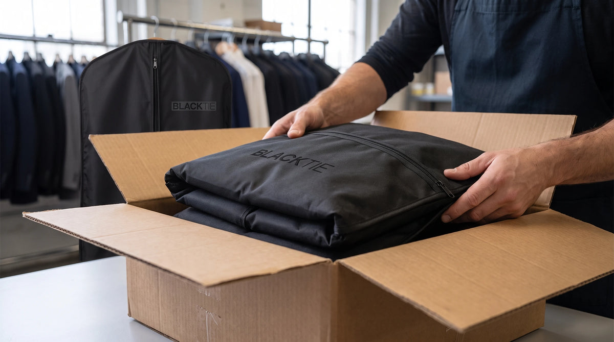 A person in a dark shirt is placing a folded black garment bag with the brand name 'BLACKIE' into an open brown cardboard box. In the background, a clothing rack with more garments is visible in a retail or storage setting.