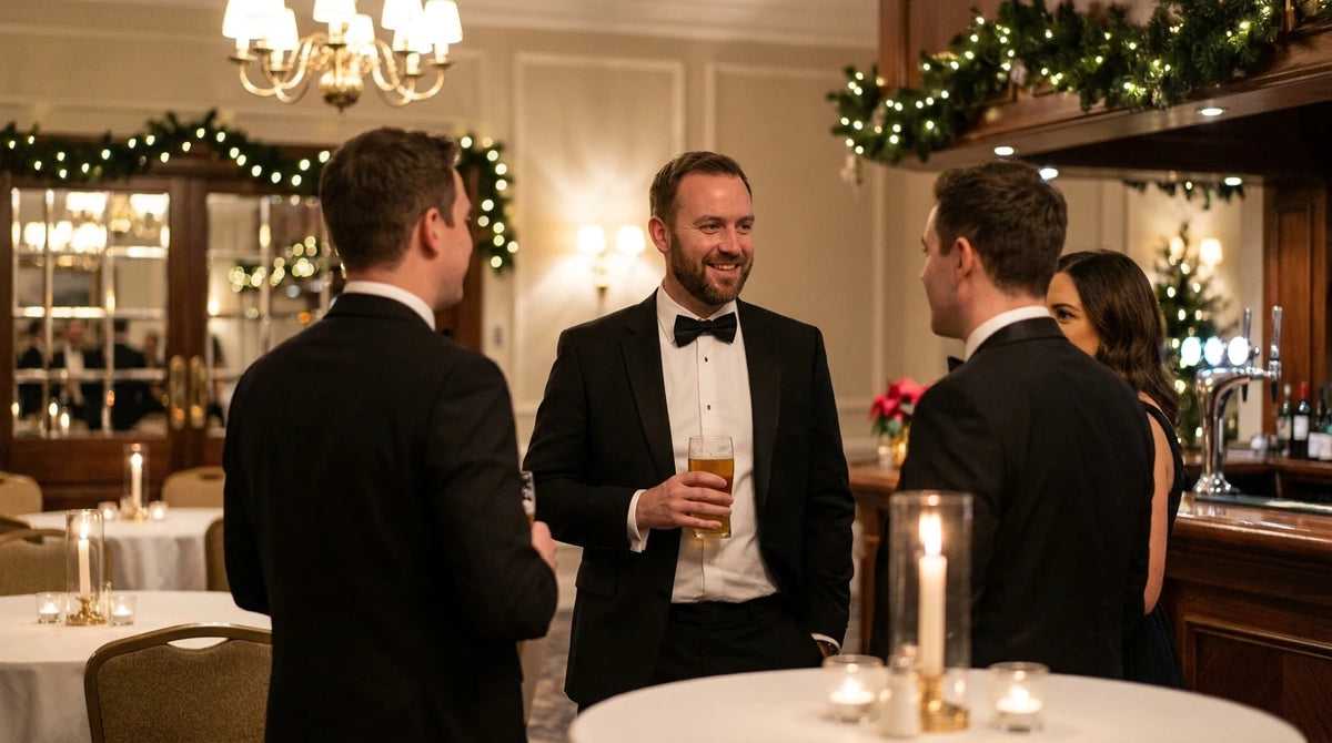 A man in a black tuxedo with a bow tie stands in a decorated restaurant or bar, holding a glass of beer and talking to two other men in tuxedos. Christmas garlands and lights are visible in the background.
