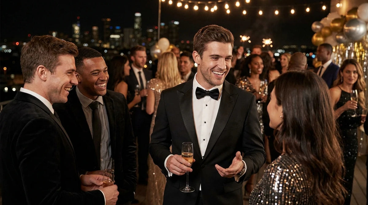 A man in a black tuxedo with a bow tie stands at a night party holding a champagne flute, surrounded by guests in formalwear and string lights in the background.