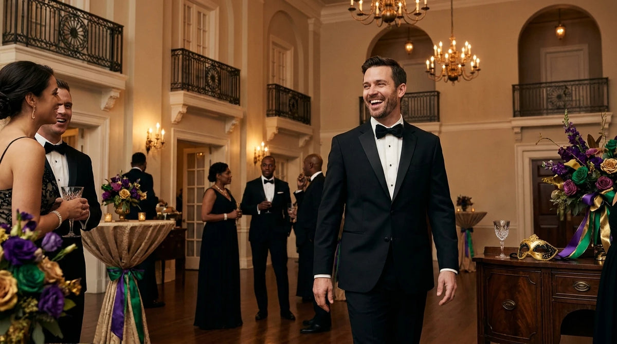 A man in a black tuxedo with a white shirt and black bow tie walks through a grand, elegantly decorated ballroom with other guests in formal eveningwear.