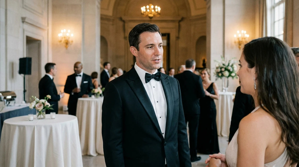 Man in a black tuxedo speaking with a woman in an evening gown at a formal gala.