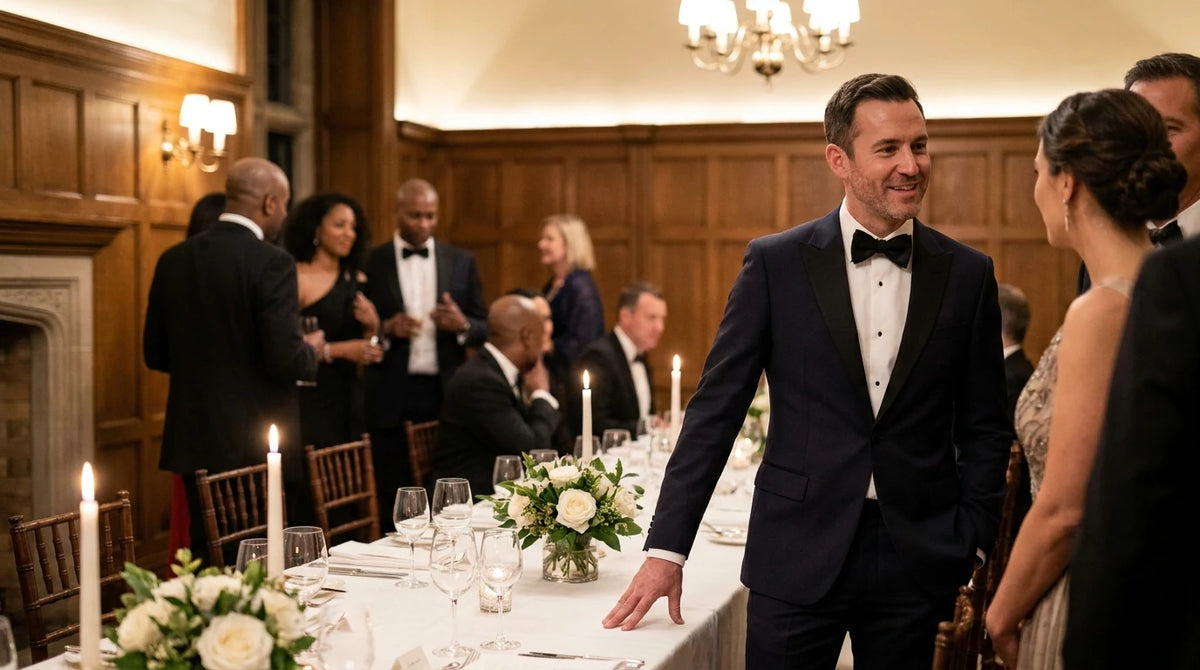 A man in a navy tuxedo with a black bow tie walks down a formal dinner table at an indoor event, surrounded by guests in a wood-paneled room with lit candles and floral centerpieces.