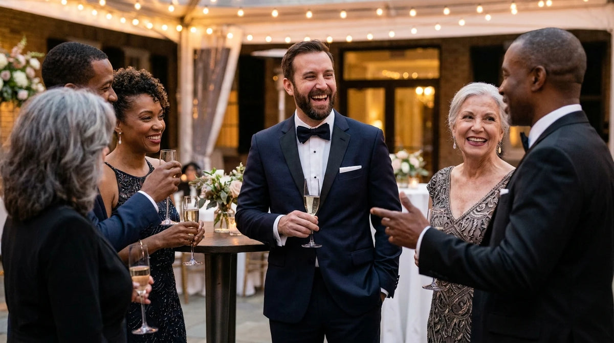 A group of friends and colleagues celebrating at an evening event, with a man in a navy blue tuxedo and bow tie standing in the center holding a glass of champagne, surrounded by guests in formal wear.