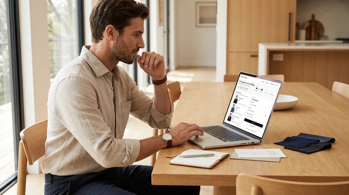 Man reviewing wedding outfit plans on a laptop at a dining table.