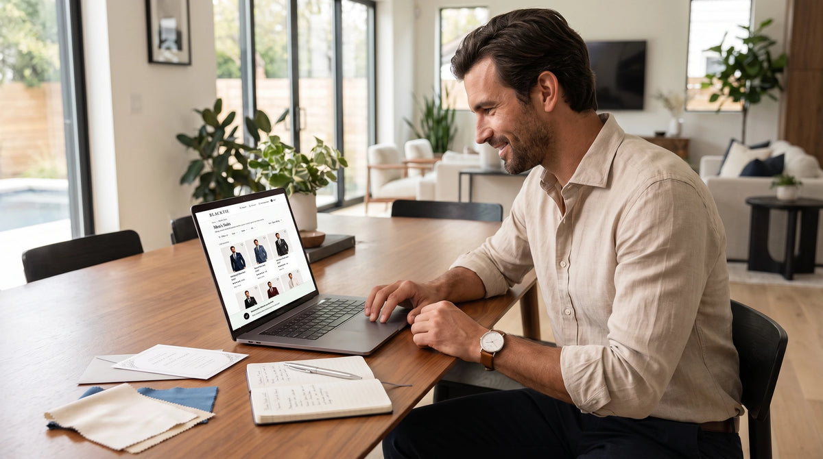 Man reviewing formalwear options on a laptop while planning wedding looks.