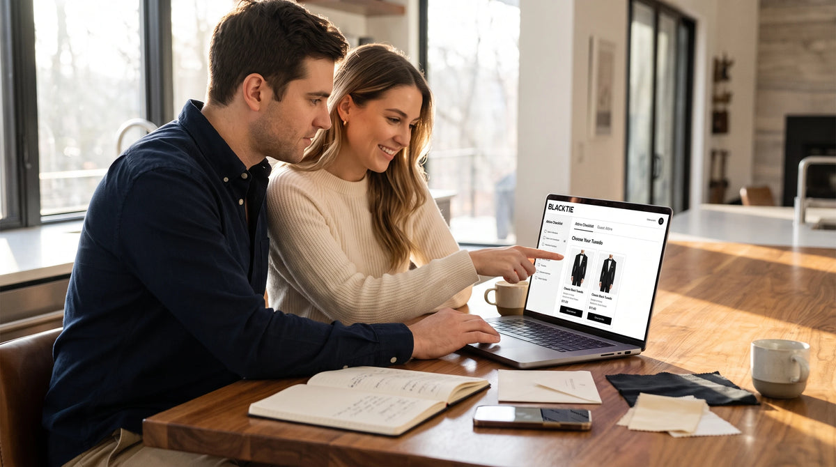A man and a woman sit at a wooden table in a bright, modern room, looking at a laptop screen that displays a shoe product page. The man wears a dark navy blue shirt, and the woman wears a cream-colored knit sweater.