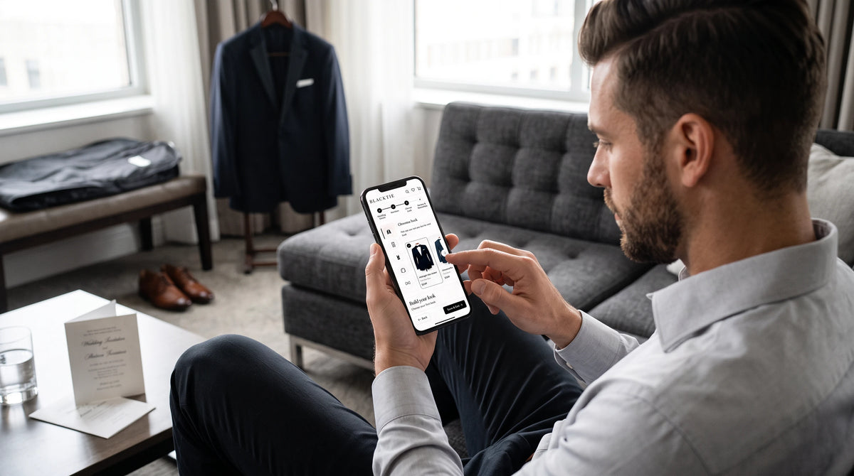 Man browsing formalwear on his phone while planning wedding outfits.