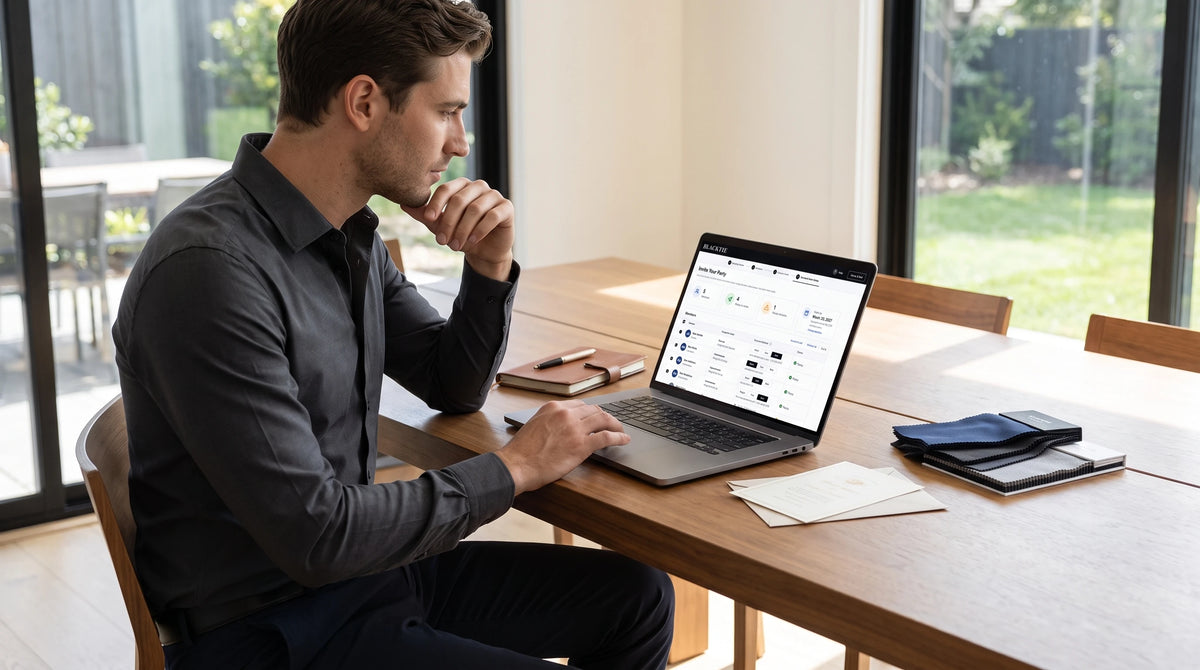 Man reviewing a wedding planning dashboard on a laptop at a wooden table.