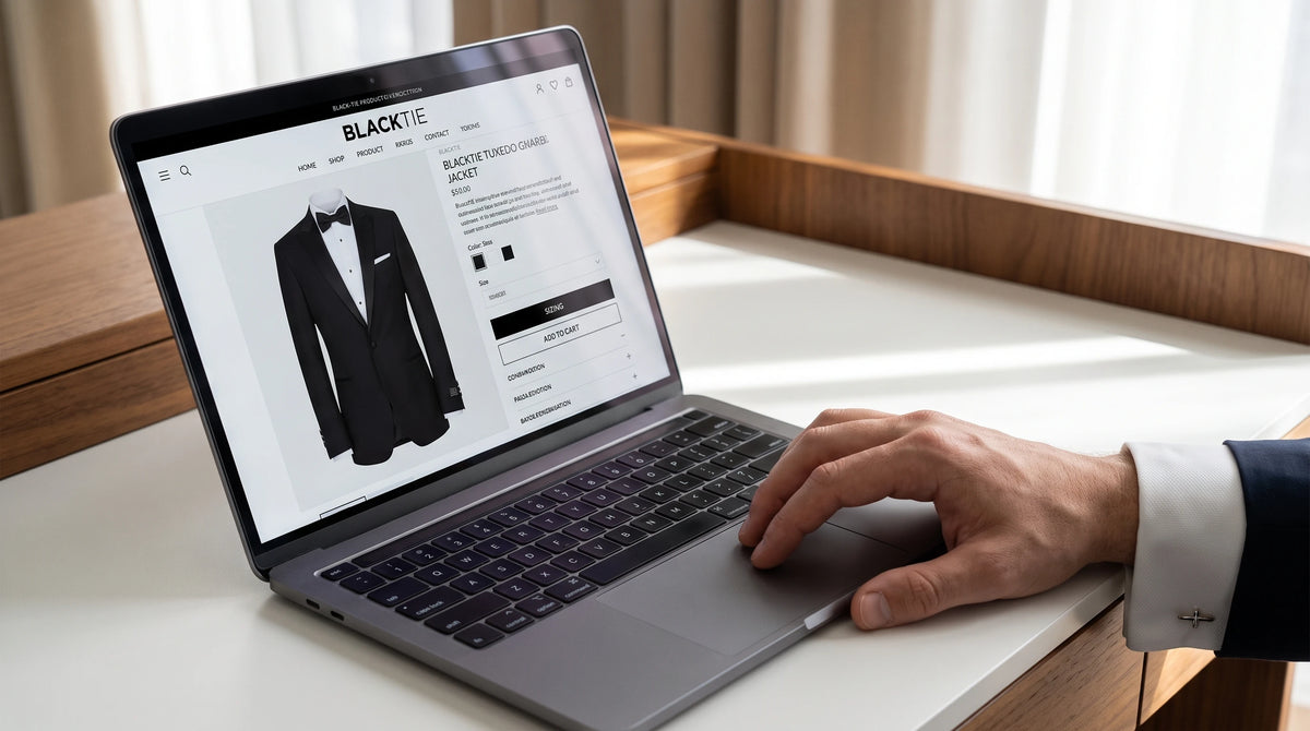 Laptop displaying a BLACKTIE product page with suit sizing options.