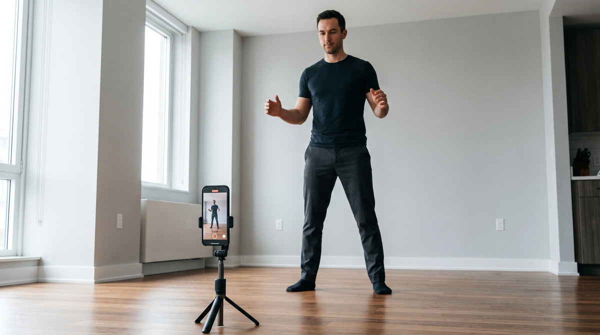 A man in a black t-shirt and dark jeans stands in a bright, modern room with wood floors, gesturing towards a smartphone on a small tripod that is recording him.