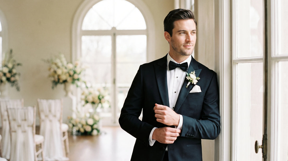 A man wearing a classic black tuxedo with a white dress shirt, black bow tie, and a white floral boutonniere, standing in a bright, elegant hall with arched windows and white chairs.