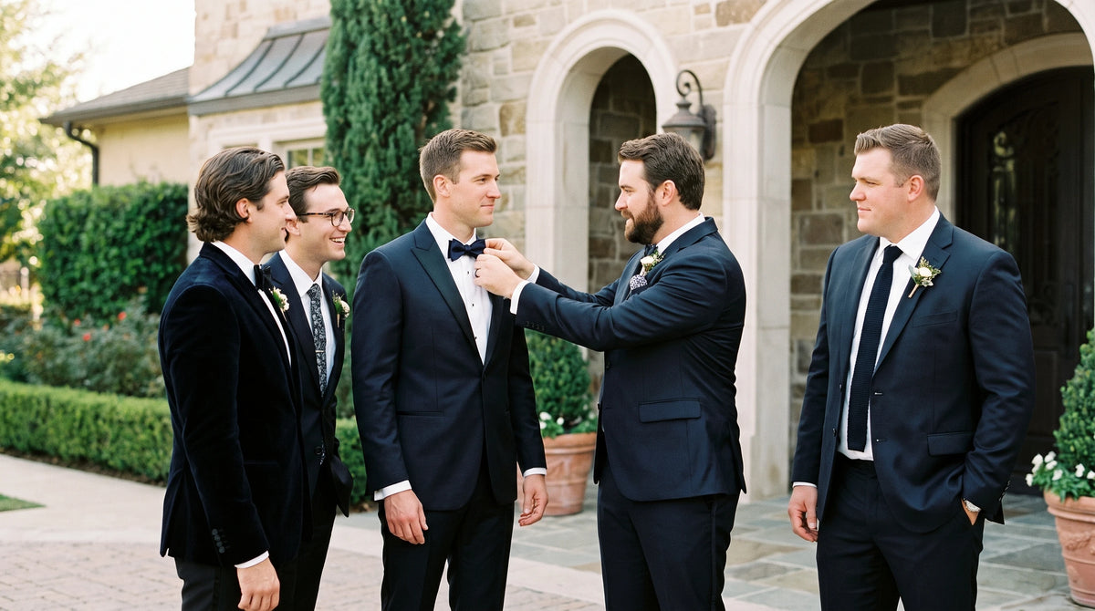 Groomsmen in navy suits helping adjust a bow tie outside a wedding venue.