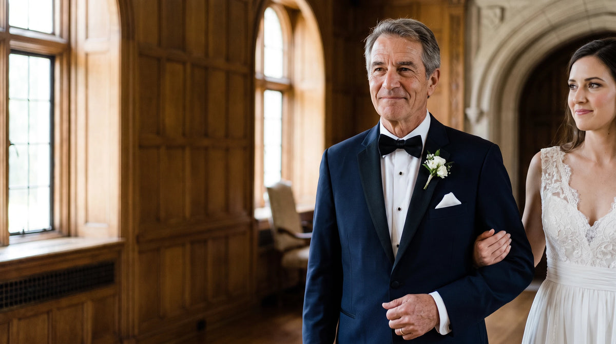 A man in a navy blue tuxedo with a black bow tie and white shirt walks arm-in-arm with a woman in a white lace wedding gown inside a wood-paneled hall with arched windows.