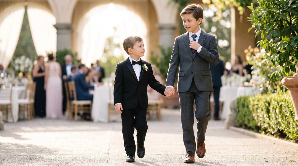 Two young boys in formal suits walking hand-in-hand through an outdoor garden event courtyard. The boy on the left wears a black tuxedo with a white shirt and black bow tie, and the boy on the right wears a dark gray suit with a white shirt, blue tie, and brown dress shoes.