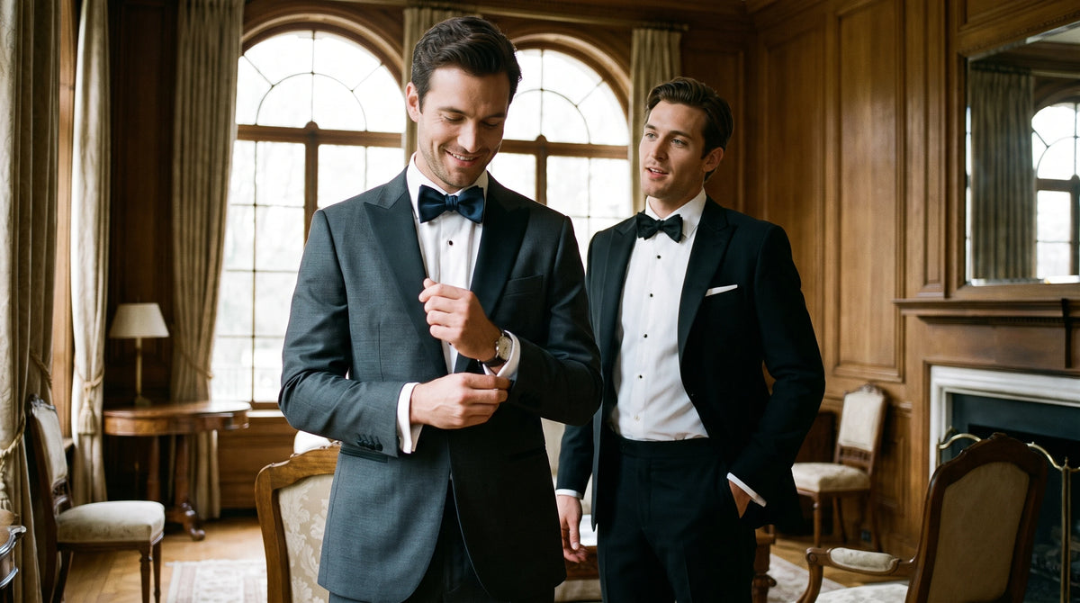 Two men in formal black tuxedos with bow ties and white shirts standing in a classic wood-paneled room. The man on the left is adjusting his bow tie, while the man on the right looks on.