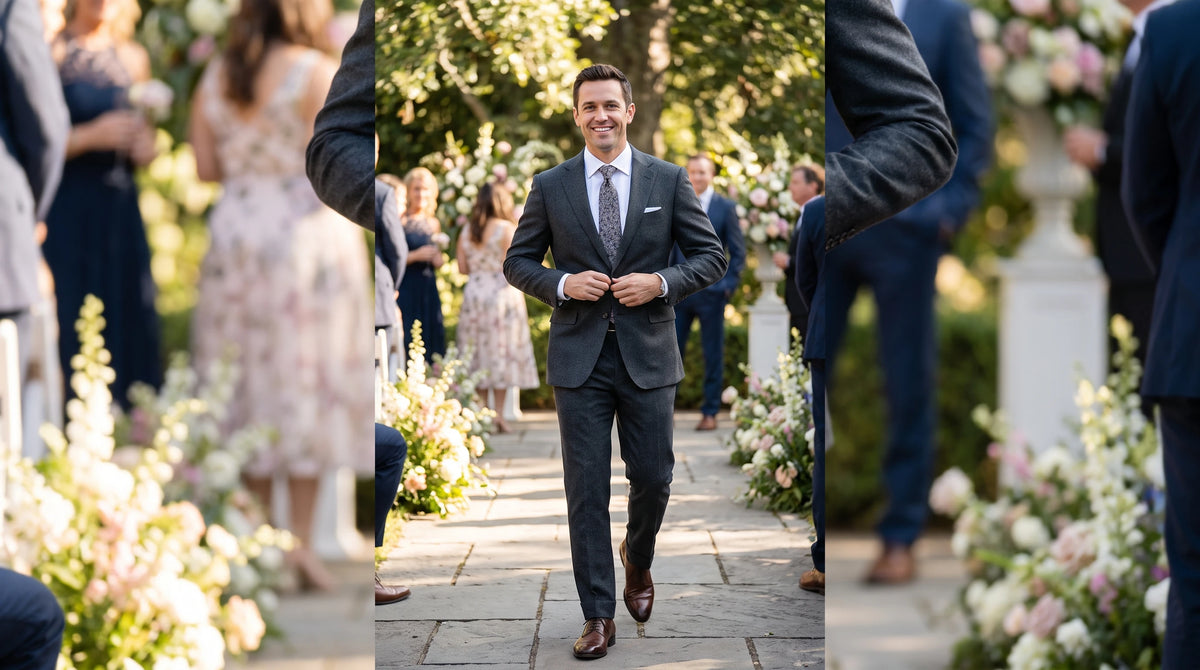 A man in a dark gray suit, white dress shirt, and patterned tie walks down an outdoor wedding aisle lined with flowers and guests.