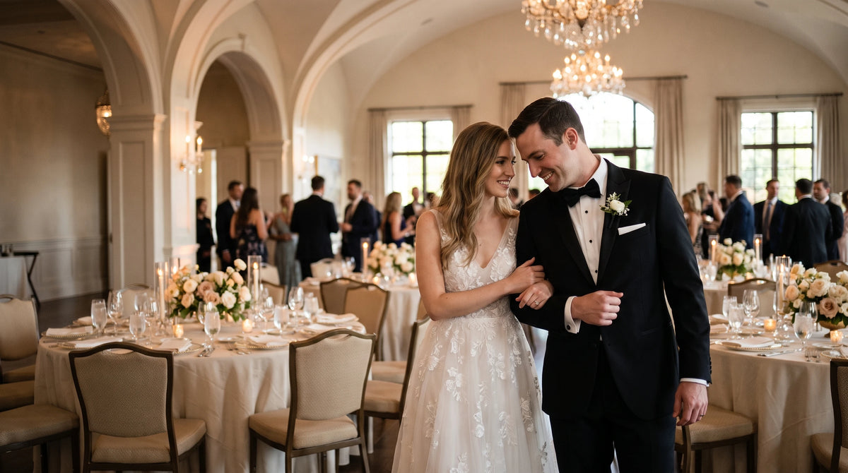 A bride in a white lace wedding gown and a groom in a black tuxedo with a white boutonniere walk arm in arm through a grand, elegantly decorated wedding reception hall with tables, guests, and chandeliers.