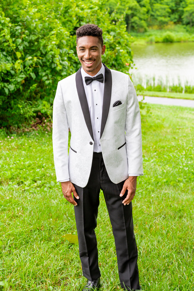 Mark of Distinction "Aries" White Paisley Black Lapel Shawl Tuxedo Jacket (Separates)