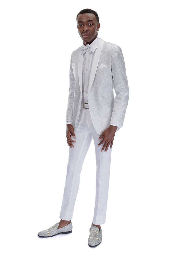Mark of Distinction "Aries" White & Silver Paisley Shawl Tuxedo Jacket (Separates)