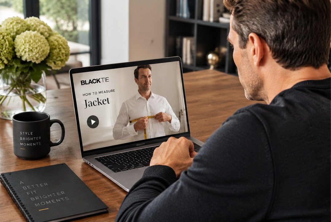 A man sits at a wooden desk using a laptop that displays a video tutorial titled 'BLACKTE How to Measure Jacket'. The desk is styled with a black mug, a black notebook, and a vase of green hydrangeas, set against a softly blurred modern interior background.