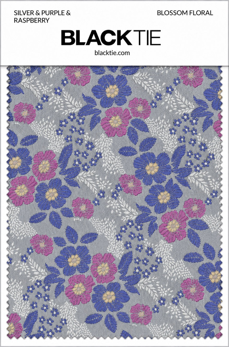 Ted Stanford Silver & Purple & Raspberry Blossom Floral Necktie
