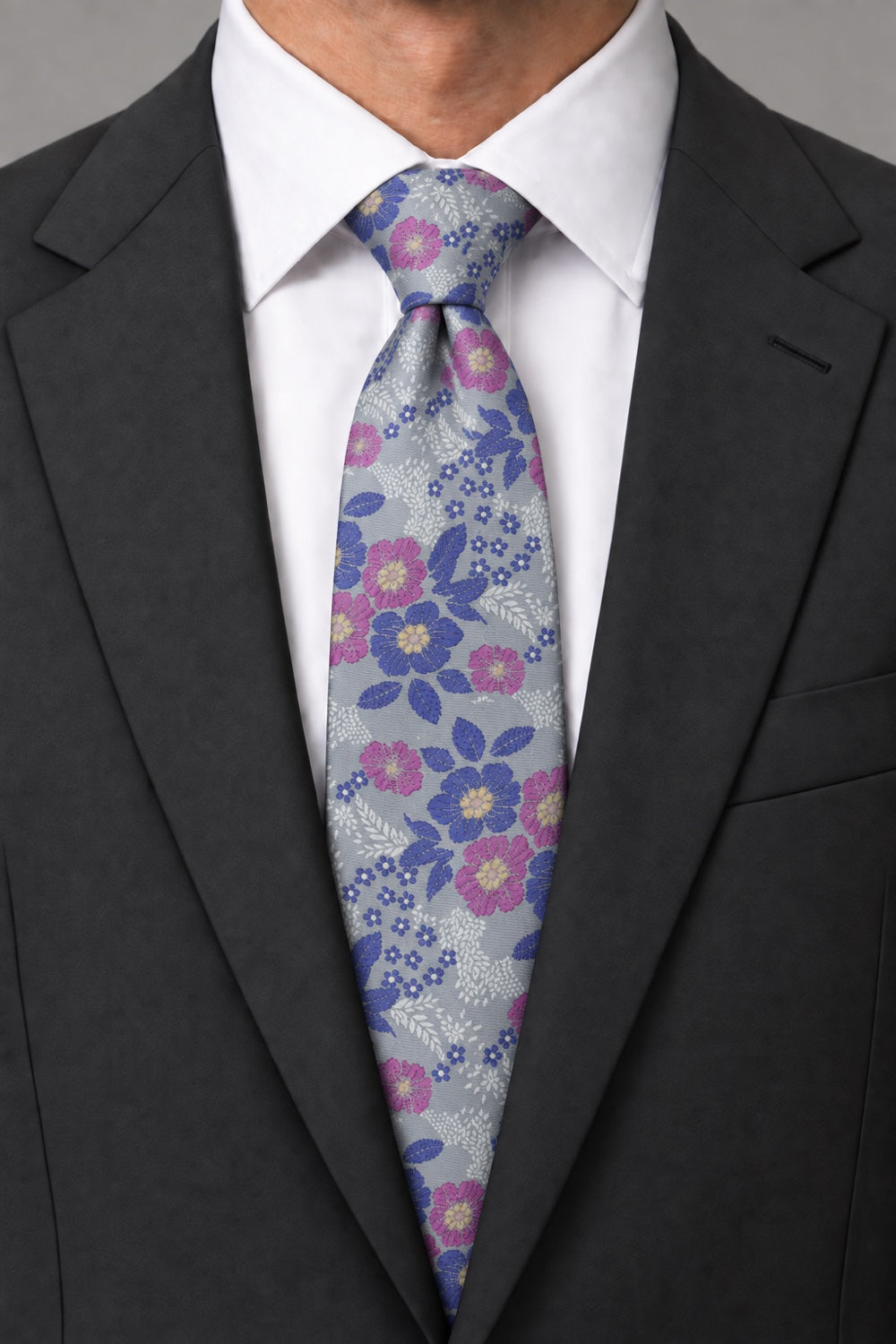 Ted Stanford Silver & Purple & Raspberry Blossom Floral Necktie