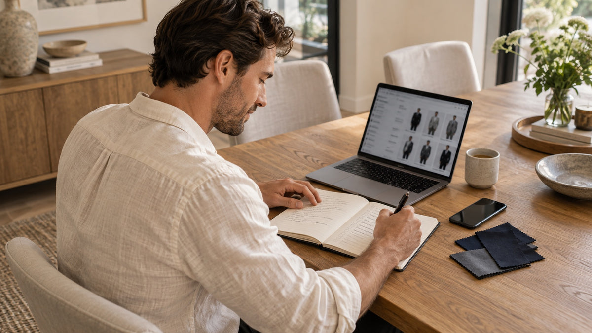 A man in a white shirt sits at a wooden dining table, writing in a notebook next to an open laptop showing clothing images, with a mug, phone, and wallet nearby in a bright home office setting.