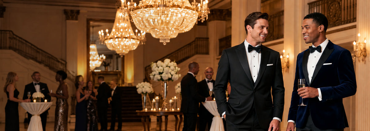 Two men in formal evening wear standing in a grand ballroom with chandeliers. One wears a black tuxedo with a bow tie and white pocket square, and the other wears a dark blue velvet tuxedo with a bow tie.
