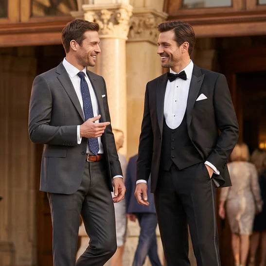 Two men in formal evening wear walking outside a grand building. One wears a charcoal gray suit with a blue tie, and the other wears a black tuxedo with a white shirt and black bow tie.