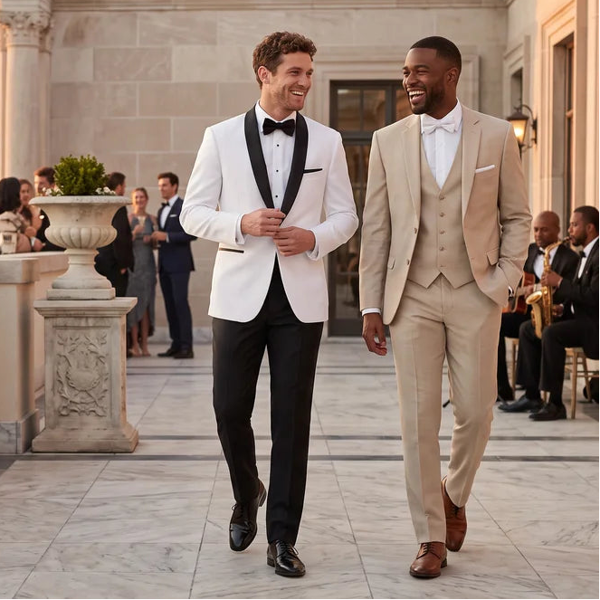 Two men walking outdoors, one in a white dinner jacket with black trousers and one in a tan three-piece suit.