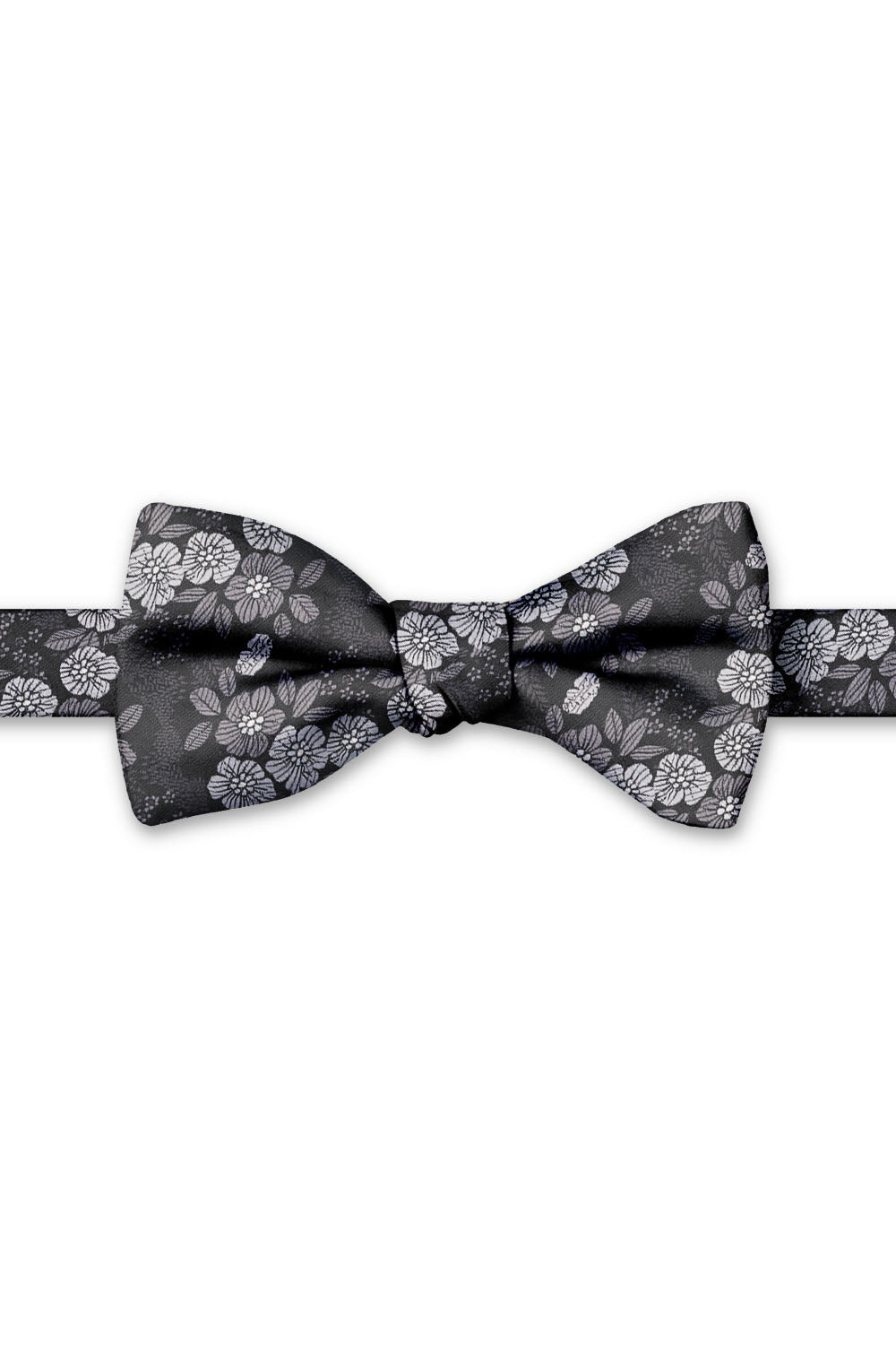 Black Blossom Floral Hand Knot Banded Bow Tie - pre-tied bow tie, front view