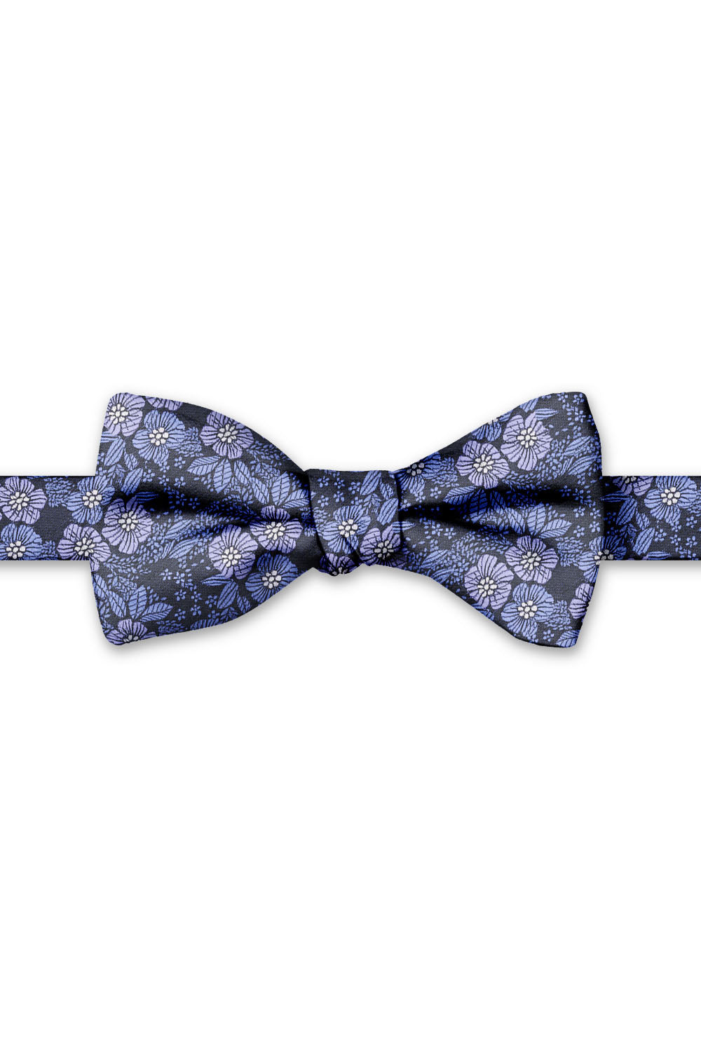Blue & Violet Blossom Floral Hand Knot Banded Bow Tie - pre-tied bow tie, front view