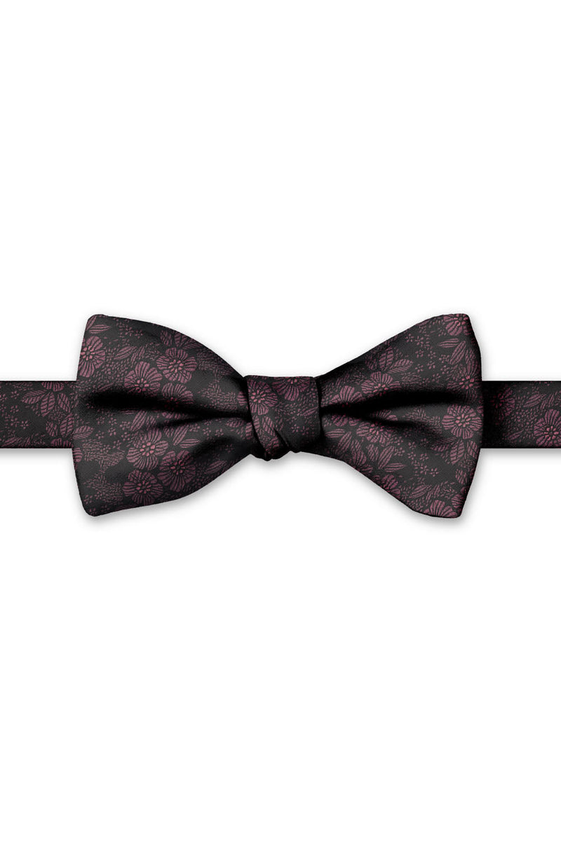 Burgundy Blossom Floral Hand Knot Banded Bow Tie - pre-tied bow tie, front view