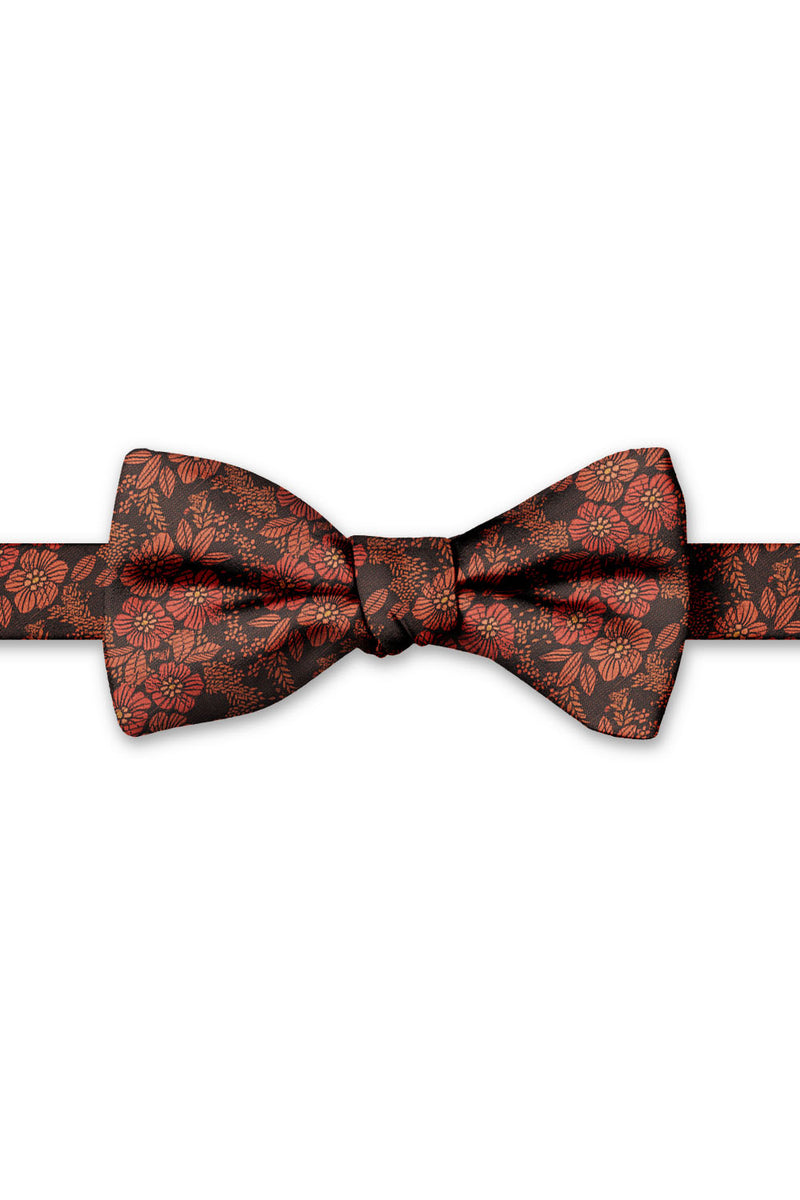 Burnt Orange Blossom Floral Hand Knot Banded Bow Tie - pre-tied bow tie, front view