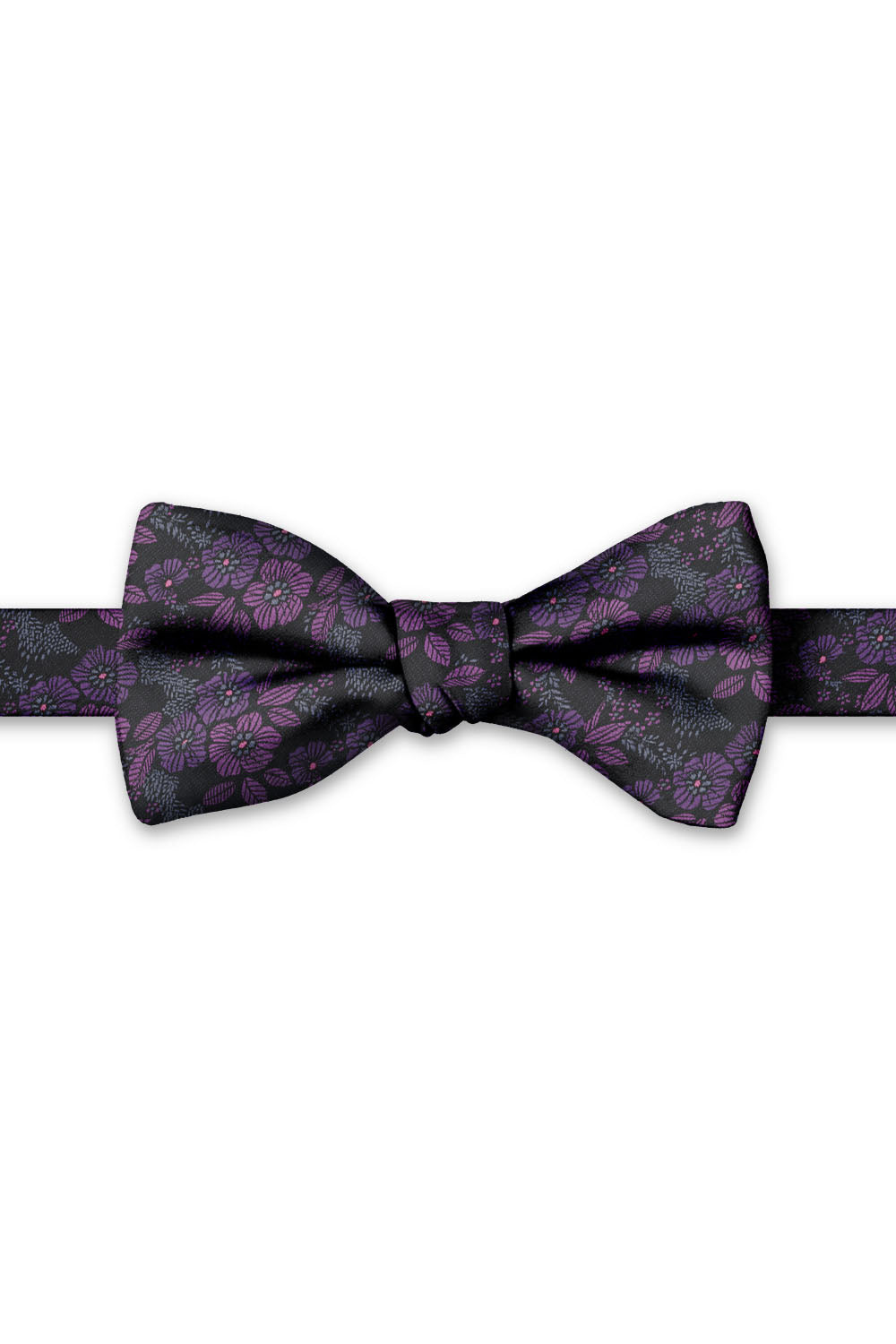 Charcoal & Wildberry Blossom Floral Hand Knot Banded Bow Tie - pre-tied bow tie, front view