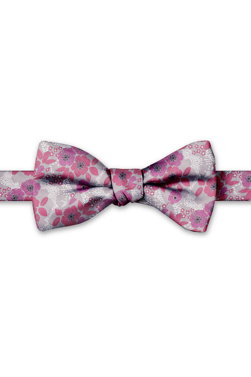 Pink & Black Blossom Floral Hand Knot Banded Bow Tie - pre-tied bow tie, front view