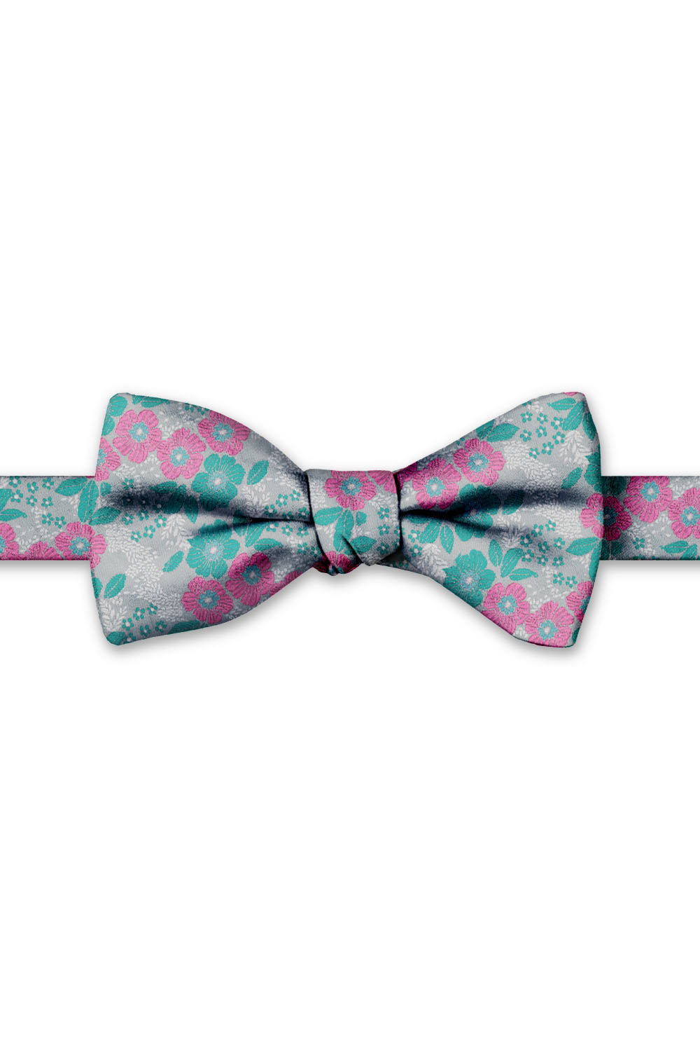 Pink & Green Floral Hand Knot Banded Bow Tie - pre-tied bow tie, front view