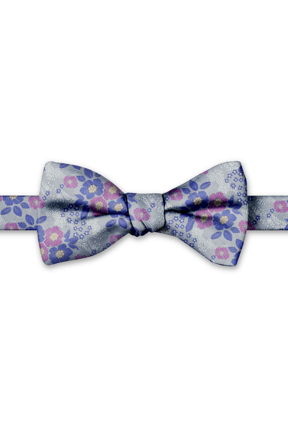 Silver & Purple & Raspberry Blossom Floral Hand Knot Banded Bow Tie - pre-tied bow tie, front view