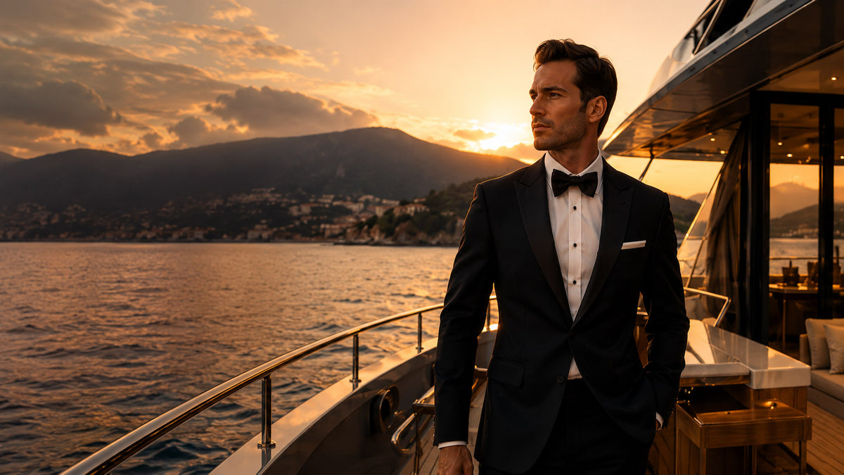 A man in a black tuxedo with a white shirt and black bow tie stands on the deck of a yacht at sunset, with ocean water and mountains in the background.