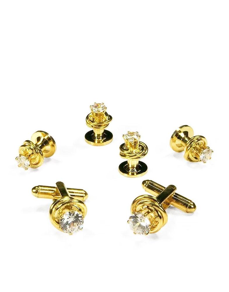 Cristoforo Cardi Crystal in Gold Loveknot Studs and Cufflinks Set