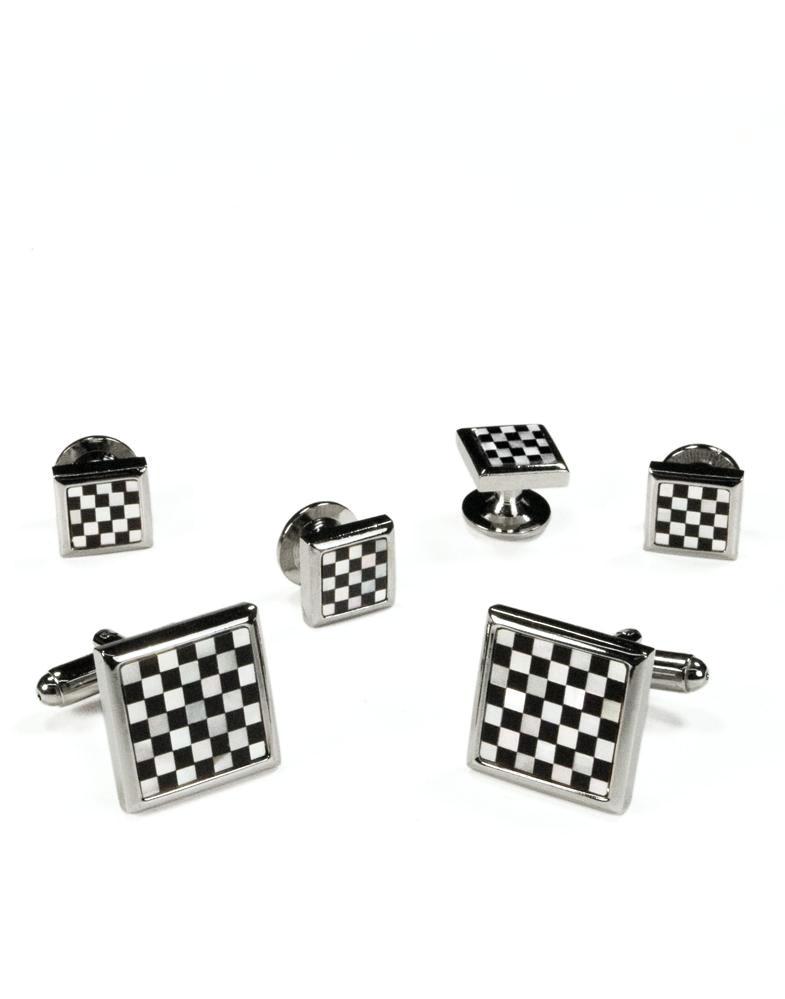 Cristoforo Cardi Black & White Square Onyx and Mother of Pearl Checkerboard with Silver Trim Studs and Cufflinks Set