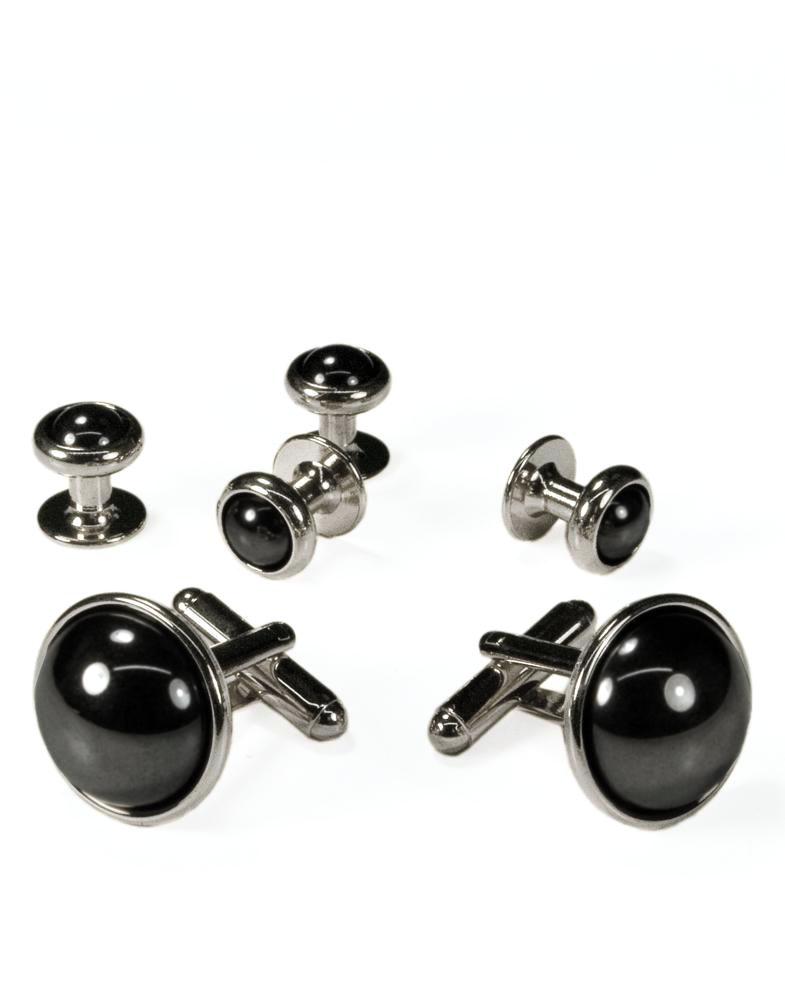 Cristoforo Cardi Hematite Dome with Silver Trim Studs and Cufflinks Set