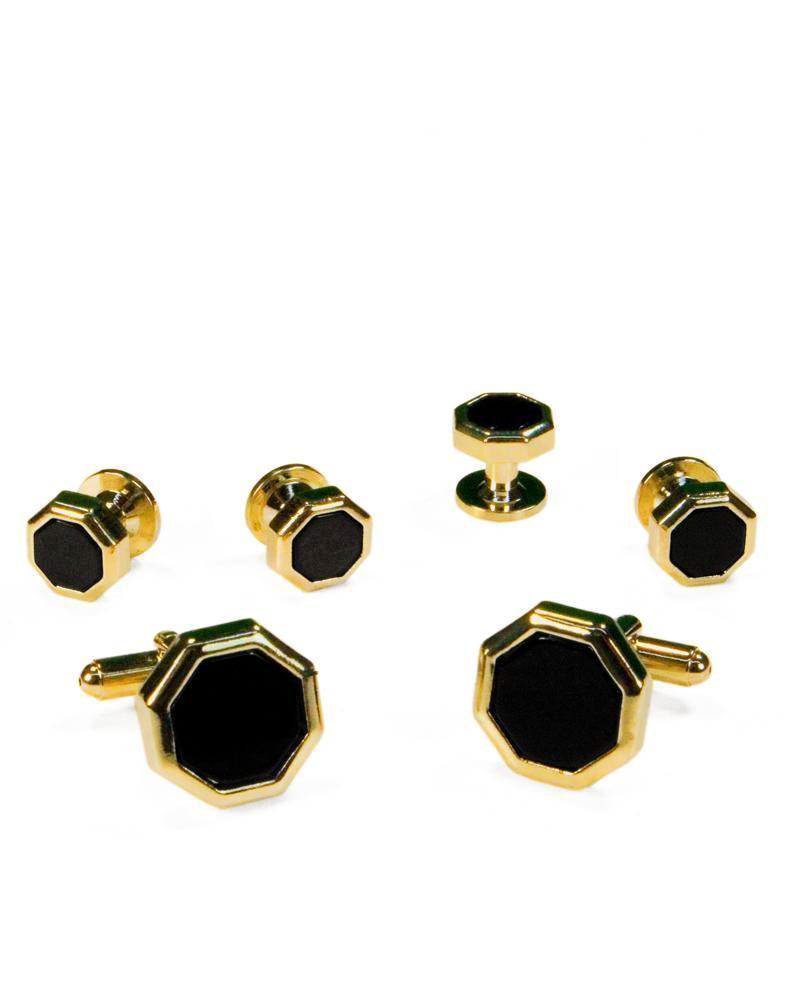 Black Circular Onyx with Gold Octagon Edge Studs and Cufflinks Set